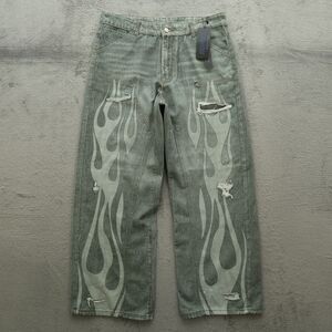 ROMWE Jeans Jeans Men's 32 Baggy Knee Distressed Flames Print 28" Inseam NWT